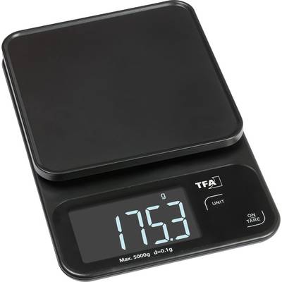 Digitálna kuchynská váha zobrazujúca 175,3 gramu, s tlačidlami na zmenu jednotiek a vytárovanie, na čiernej platforme.