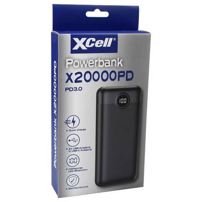 Obal "XCell Powerbank X20000PD" zobrazuje čiernu powerbanka s LED displejom, s funkciou rýchleho nabíjania a duálnymi USB výstupmi.