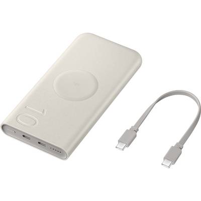 Béžová, obdĺžniková powerbank s logom bezdrôtového nabíjania a číslom "10" vyrytým na nej, vedľa krátkeho kábla USB-C na nabíjanie zariadení.