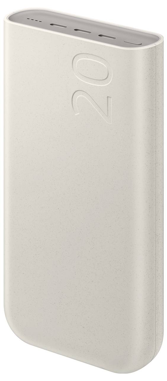 Štíhla, biela prenosná Power Bank s číslom "20" vyrazeným na povrch, s niekoľkými portami na hornej hrane na nabíjanie zariadení.