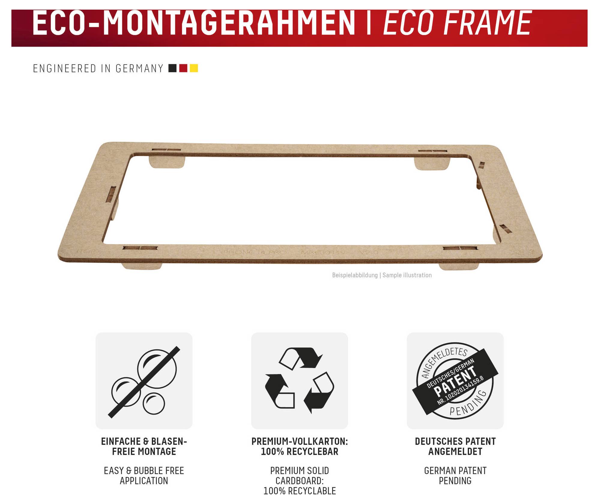 "Eco Frame" text in red above an image of a rectangular cardboard frame. Below, features highlight easy assembly, recyclability, and pending patent.