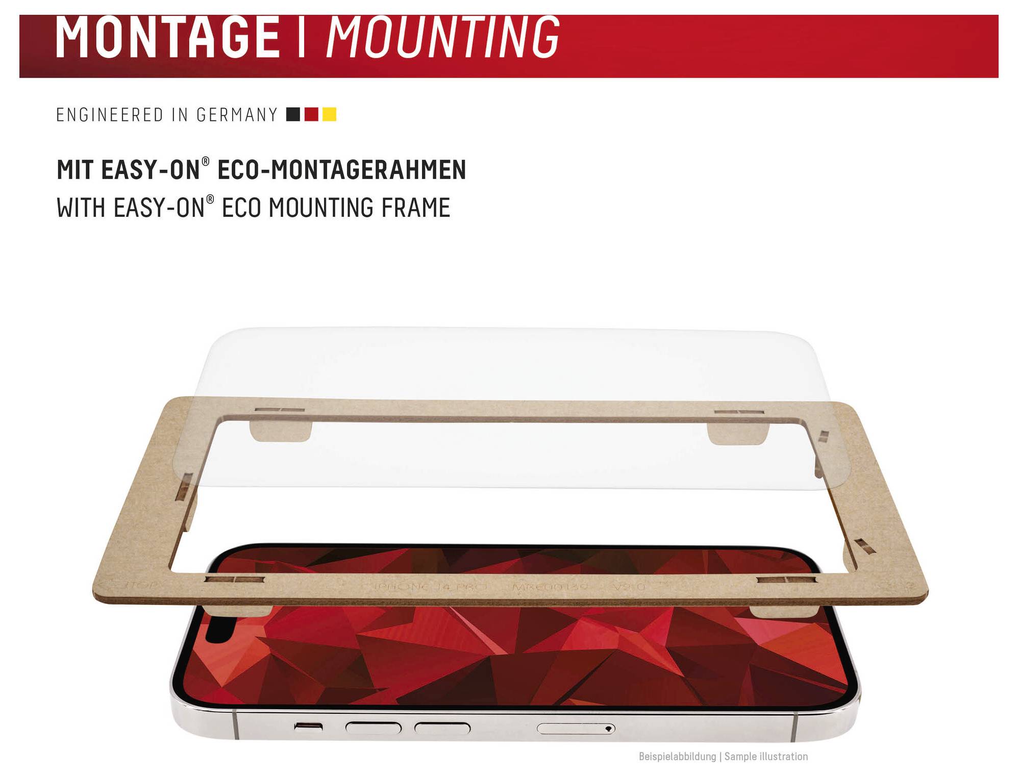 „Montáž" - pokyny zobrazujúce smartphone zarovnaný pod rámom na upevnenie „Easy-On" Eco.