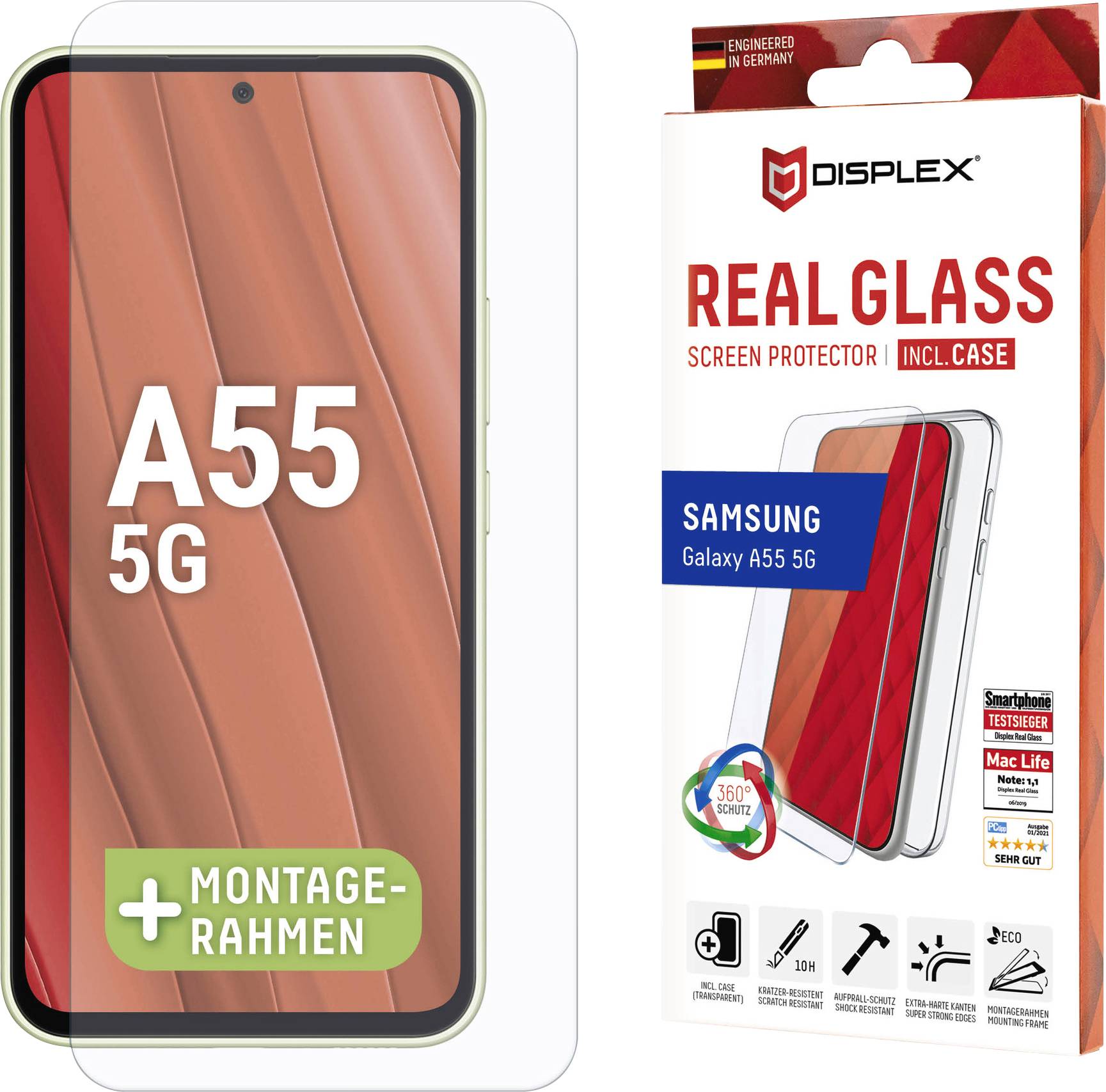 Telefón "Samsung Galaxy A55 5G" s obalom "Displex Real Glass Screen Protector" zobrazený.