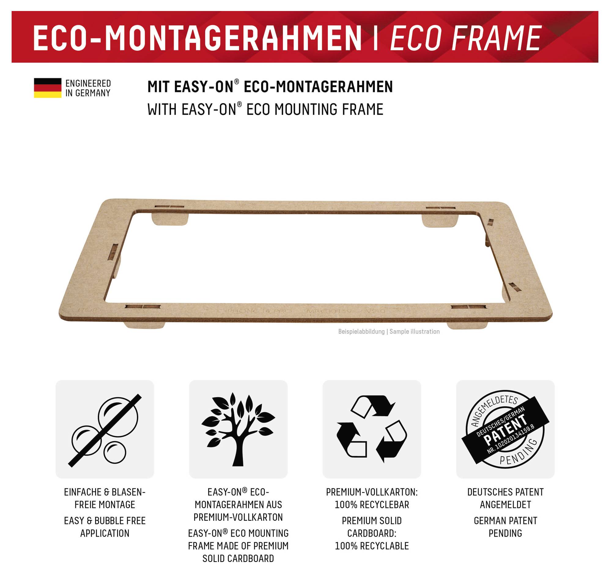 Eco Frame: Ľahko montovateľný rám vyrobený zo 100% recyklovateľného kartónu. Vyvinutý v Nemecku. Čaká sa na patent.