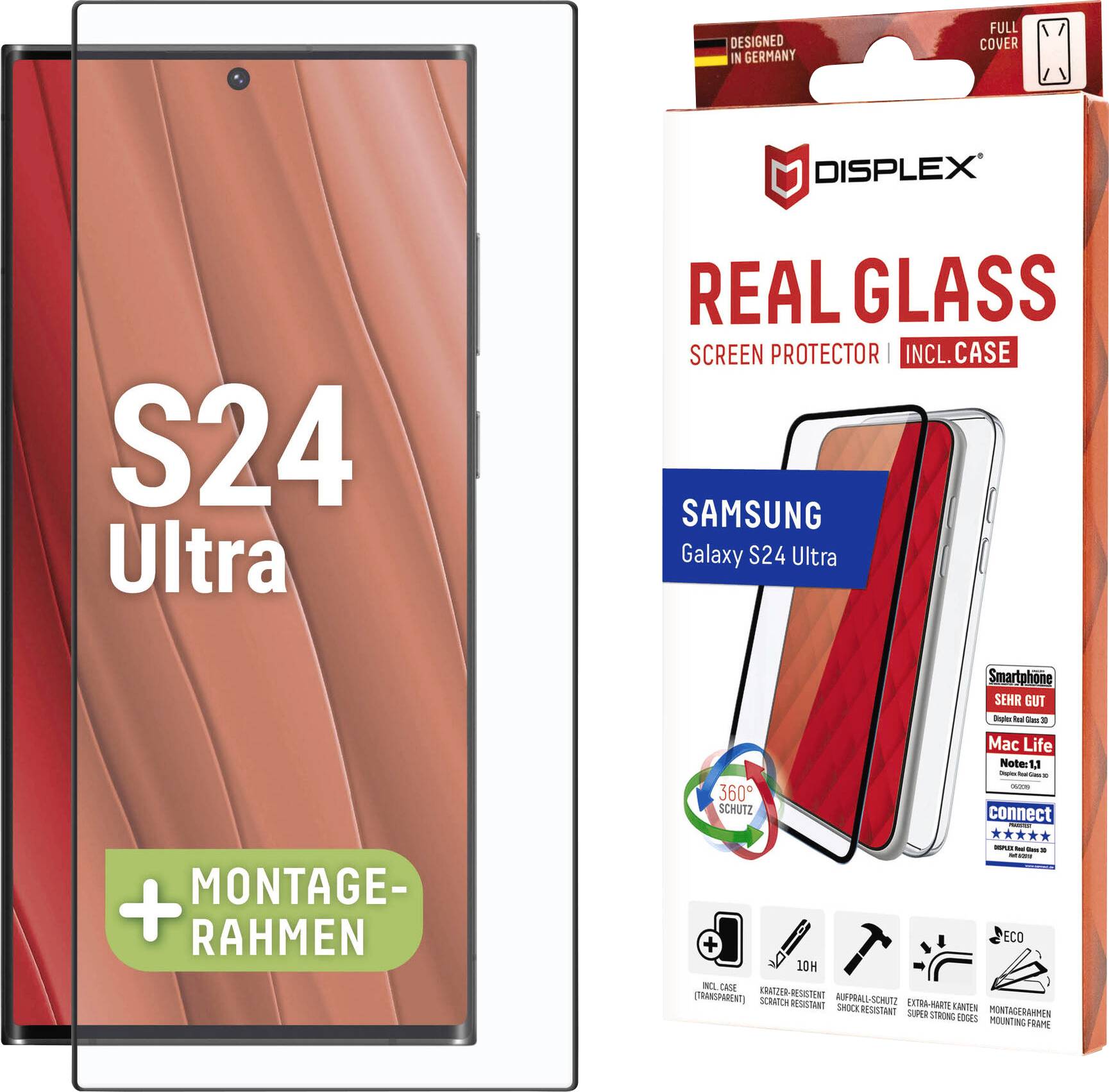 'Displex Real Glass Screen Protector s inštalačným rámčekom pre Samsung Galaxy S24 Ultra' balenie so štylizovaným obrázkom telefónu.