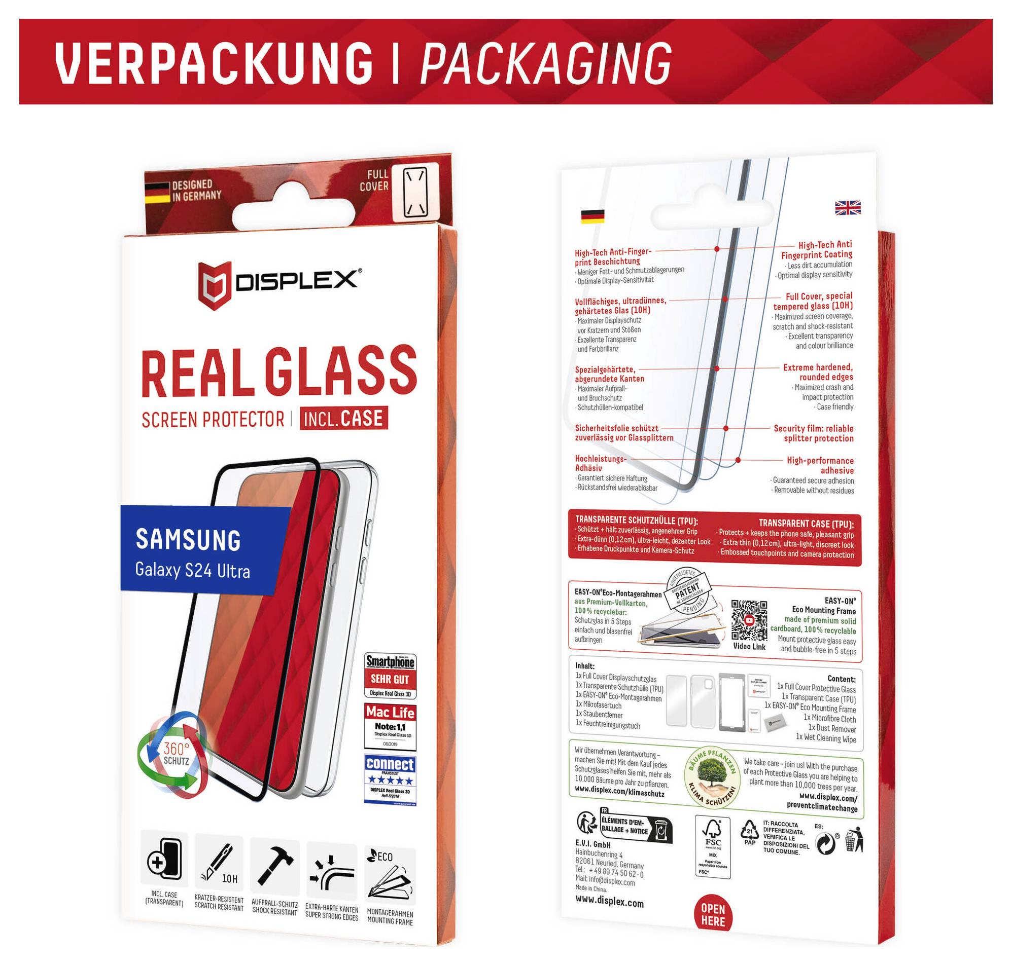 Ochranný kryt obrazovky "Real Glass" pre Samsung Galaxy S24 Ultra. Predná strana zobrazuje grafiku telefónu; zadná strana obsahuje vlastnosti produktu a pokyny na inštaláciu.