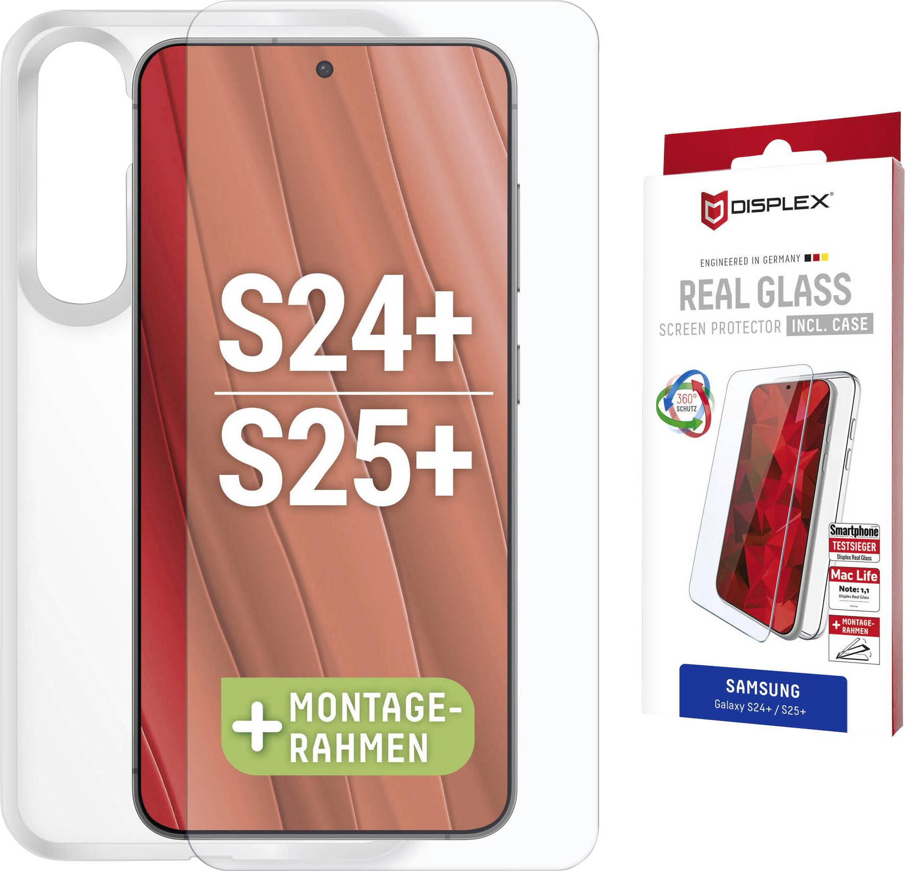 'Balení ochranného skla Displex Real Glass pre Samsung S24+ a S25+ zobrazené vedľa telefónu s priloženým ochranným sklom.'