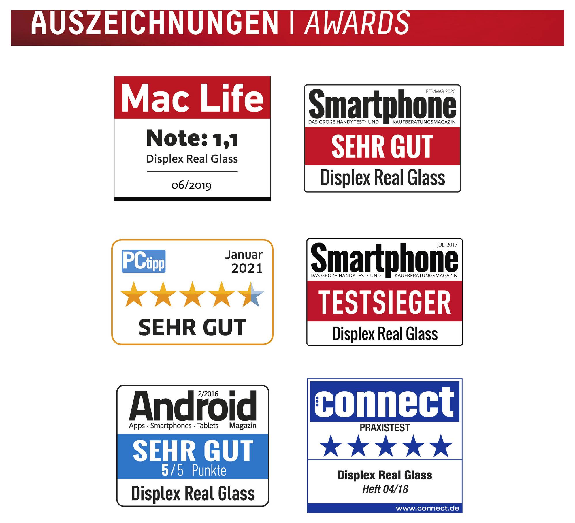 Časopis 'Ocenenia' s šiestimi obrázkami certifikátov dole. Certifikáty od časopisu Mac Life, Smartphone, PCtipp, connect, Android, všetky vysoko hodnotia Displex Real Glass.