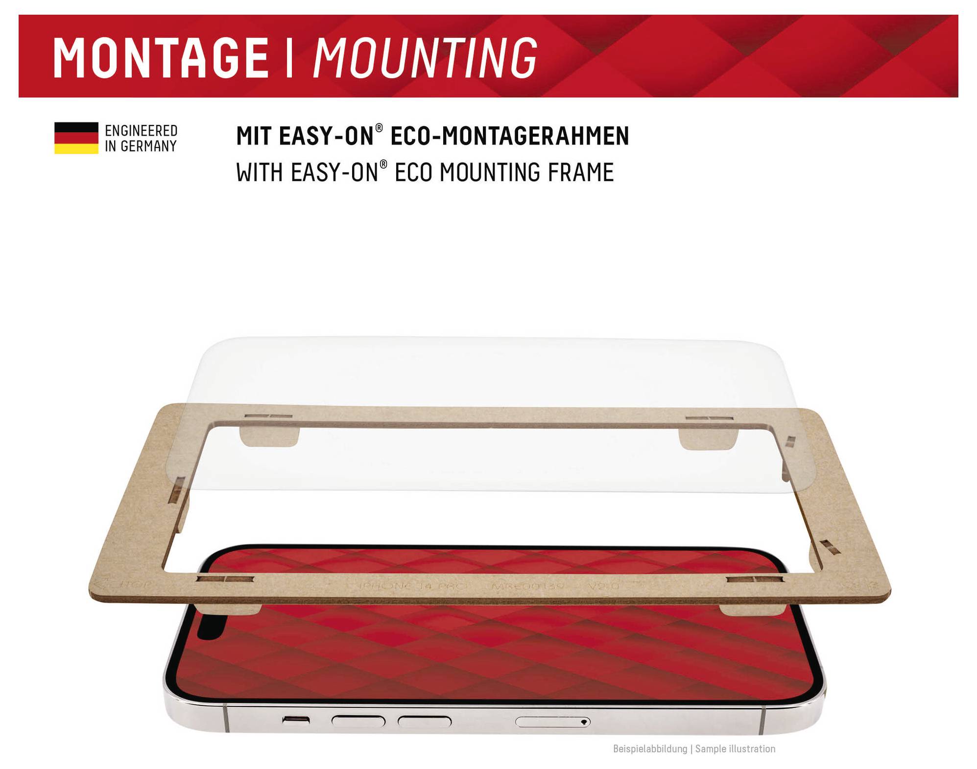 "Pripevňovanie pomocou jednoduchého Eco Mounting Frame" prekrývajúce obrazovku smartphónu. Červený, geometrický dizajn na obrazovke. "Inžinierstvo z Nemecka."