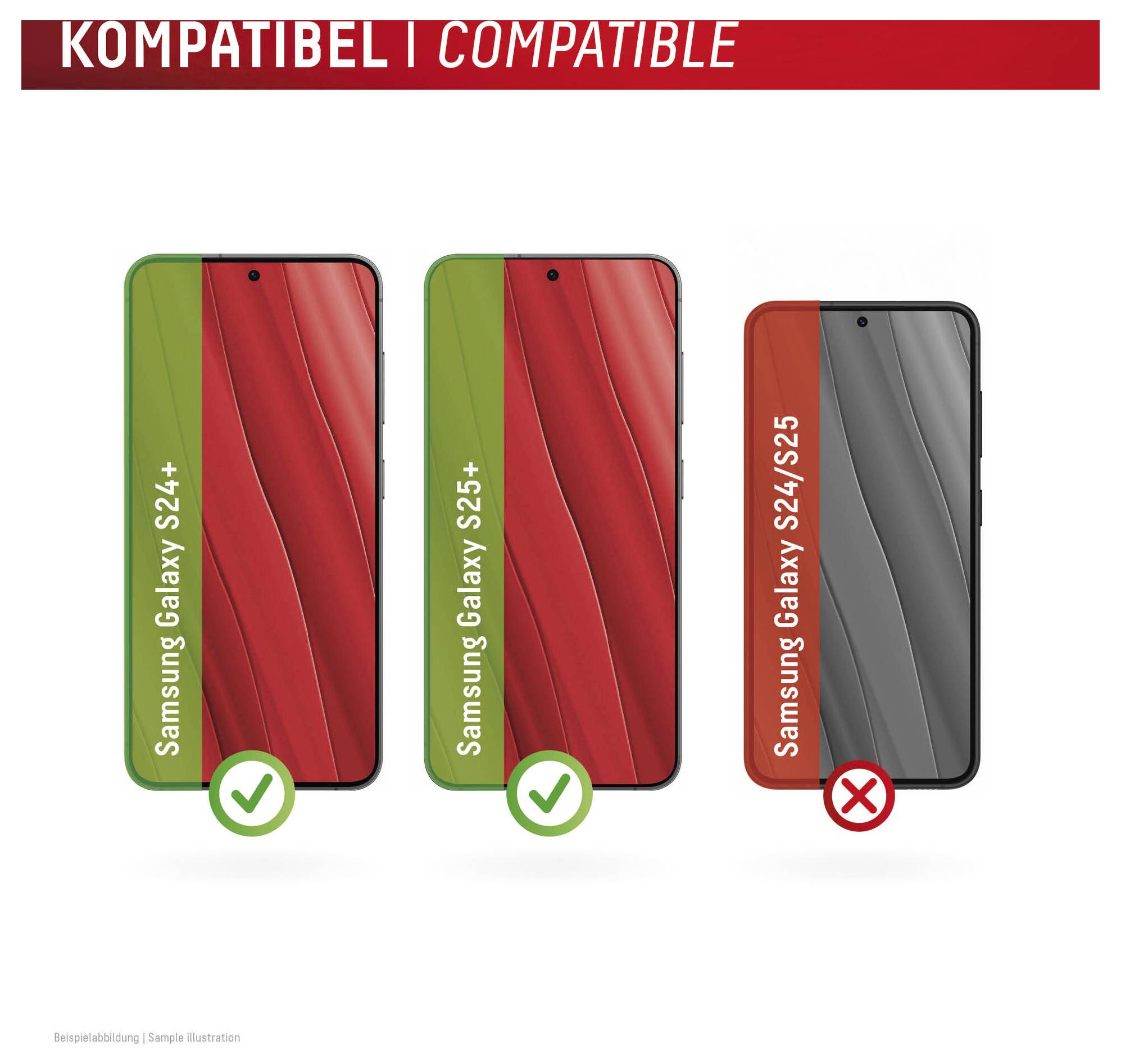 Obrázok zobrazuje dva smartfóny so zelenými háčikmi označenými „Samsung Galaxy S24+" a „Samsung Galaxy S25+" a jeden s červeným krížom označený „Samsung Galaxy S24/S25". Text hore znie „KOMPATIBILNÝ".