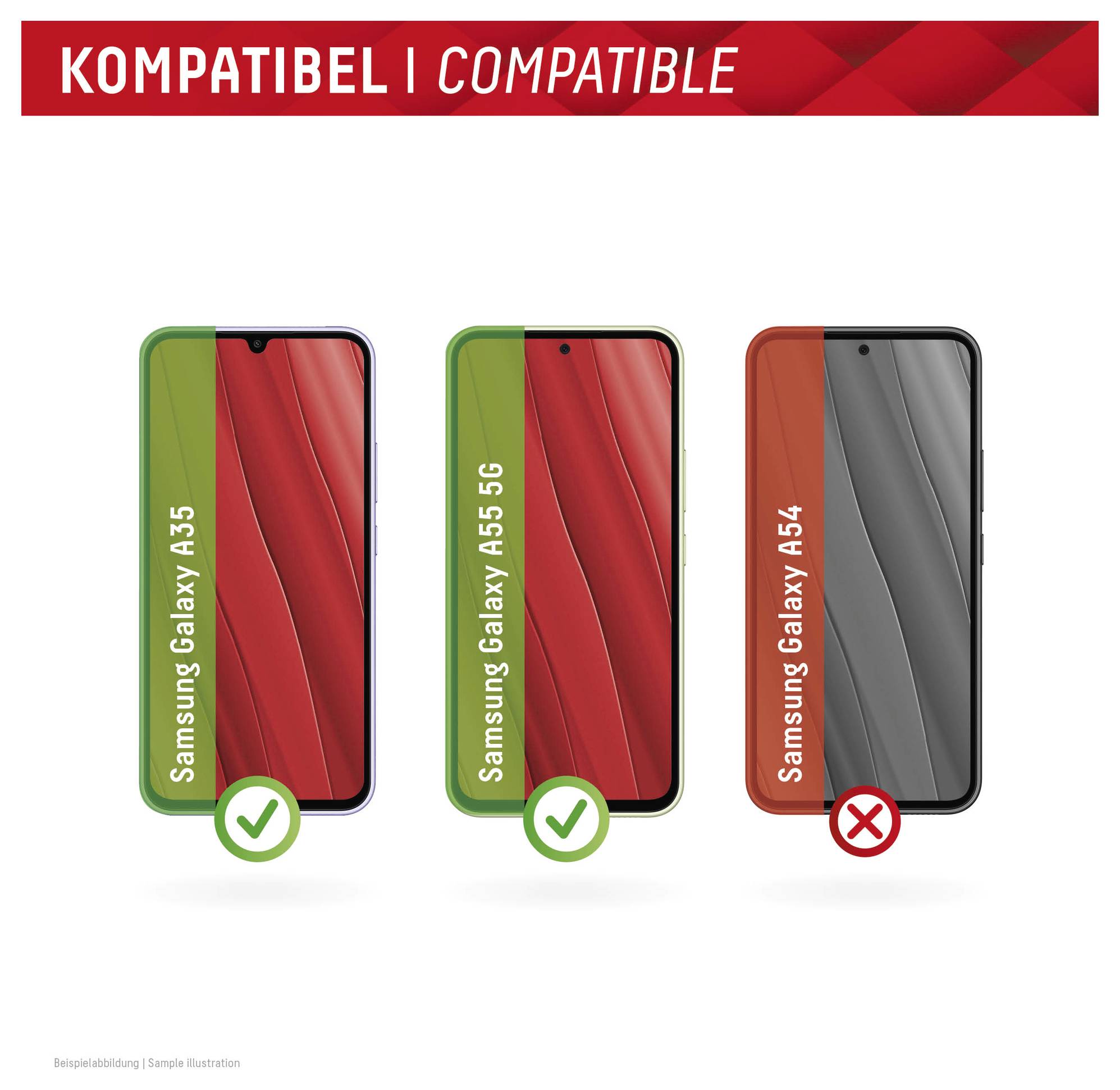 Obrázok ukazuje tri telefóny Samsung Galaxy. Galaxy A35 a A55 5G majú zelené fajky, ktoré označujú kompatibilitu. A54 má červený X, ktorý označuje, že nie je kompatibilný.