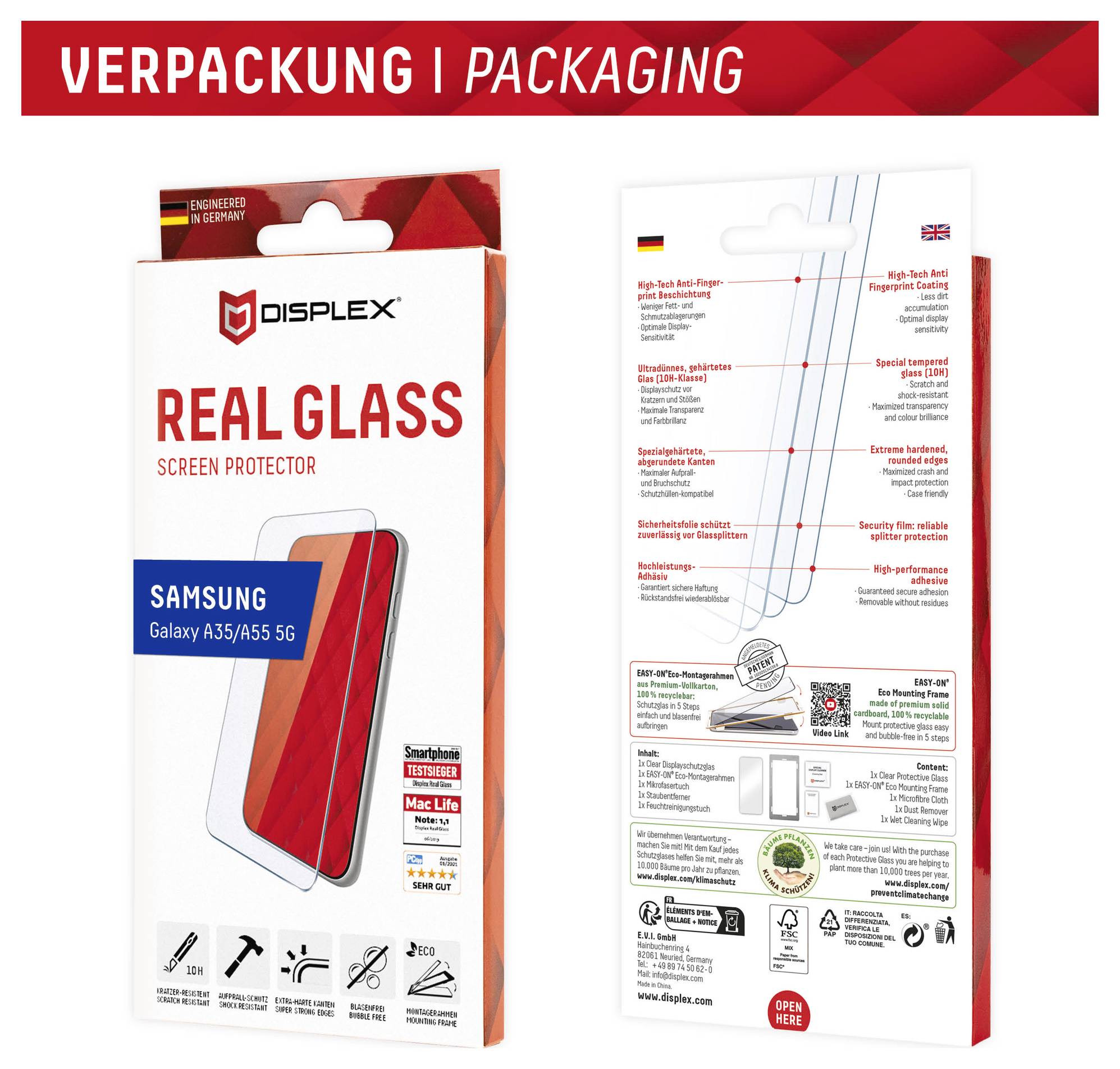 Ochranné sklo DISPLEX Real Glass na displej pre Samsung Galaxy A33/45/55 5G. Predná strana zobrazuje obrázok produktu; zadná strana uvádza vlastnosti a pokyny.