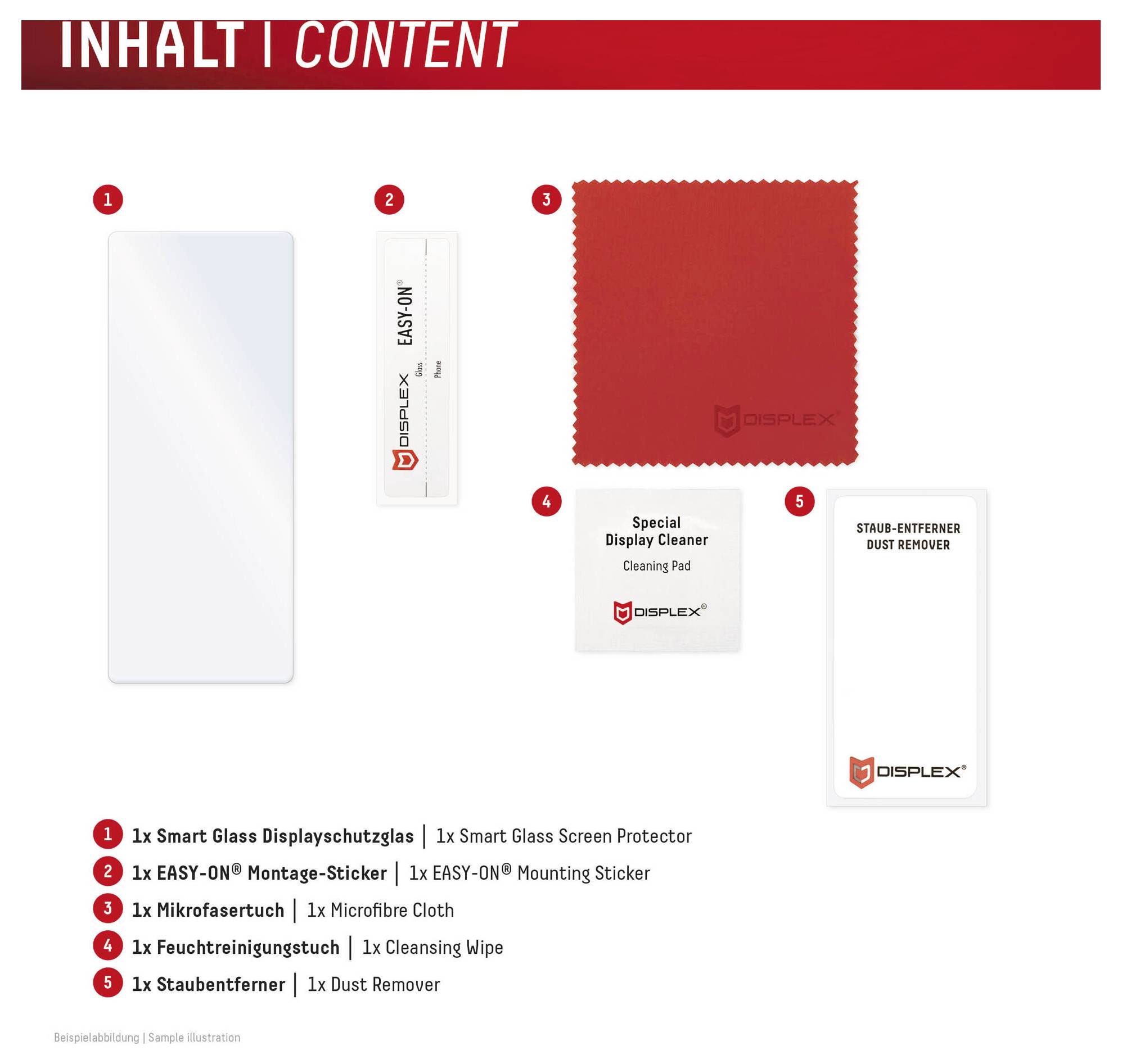 Obsah balenia: 1x ochranné sklo Smart Glass, 1x nálepka na jednoduchú montáž EASY-ON, 1x mikrovláknená utierka, 1x čistiaca utierka, 1x odstraňovač prachu.