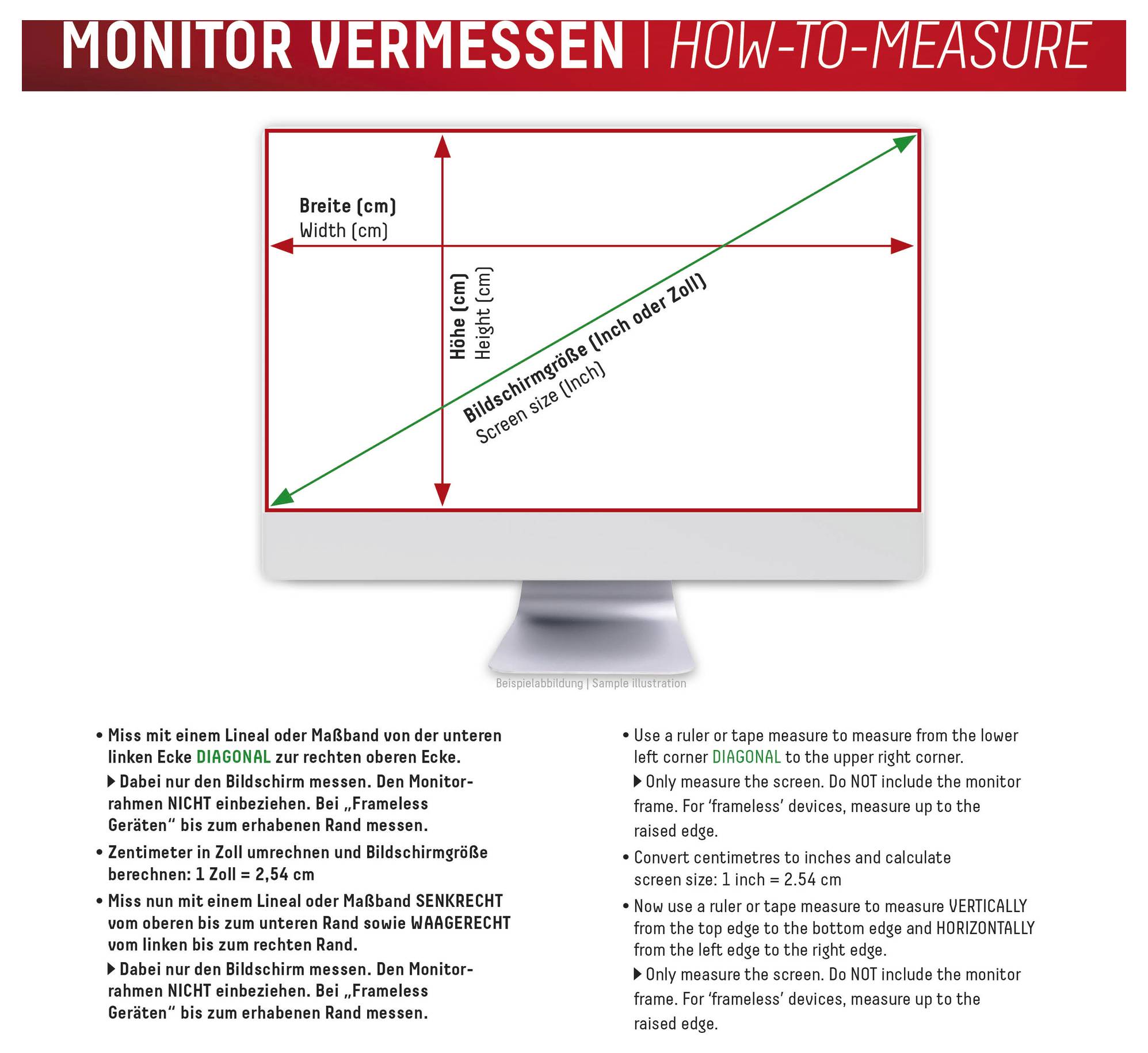 Príručka „Meranie monitora". Obrázok zobrazuje počítačový monitor so šípkami a rozmermi na šírku, výšku a veľkosť obrazovky v palcoch a centimetroch. Pokyny v nemčine a angličtine podrobne opisujú, ako tieto rozmery merať.