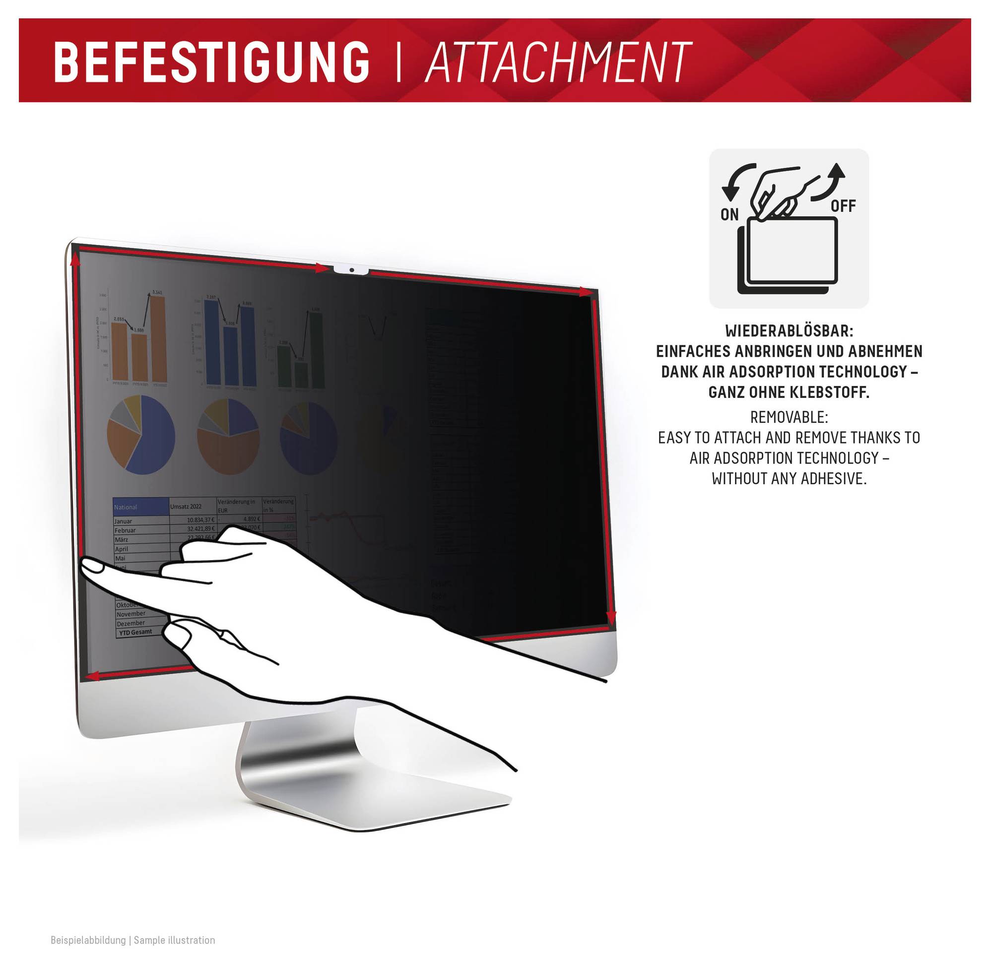 Počítačový monitor s grafmi na obrazovke. Ruka demonštrujúca pripevnenie obrazovky. Text vysvetľuje jednoduchý zap/vyp s technológiou vzdušnej adsorpcie.