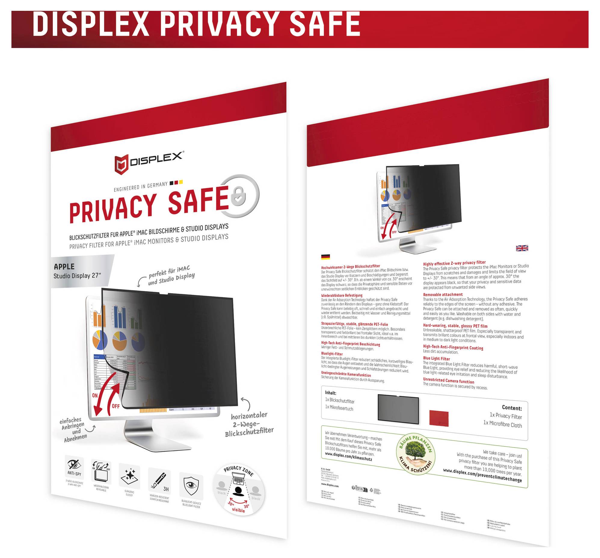 Balení "DISPLEX Privacy Safe" pre Apple displeje. Funkcie zahŕňajú blokovanie viditeľnosti z bočných uhlov a úplné podrobnosti o kompatibilite.