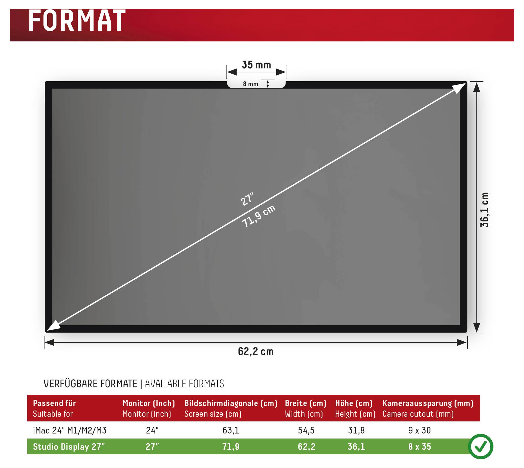Diagram zobrazujúci rozmery monitora: 27-palcová obrazovka s šírkou 62,2 cm, výškou 35,1 cm, diagonálou 71,9 cm. Vhodný pre modely 24-27 palcov.