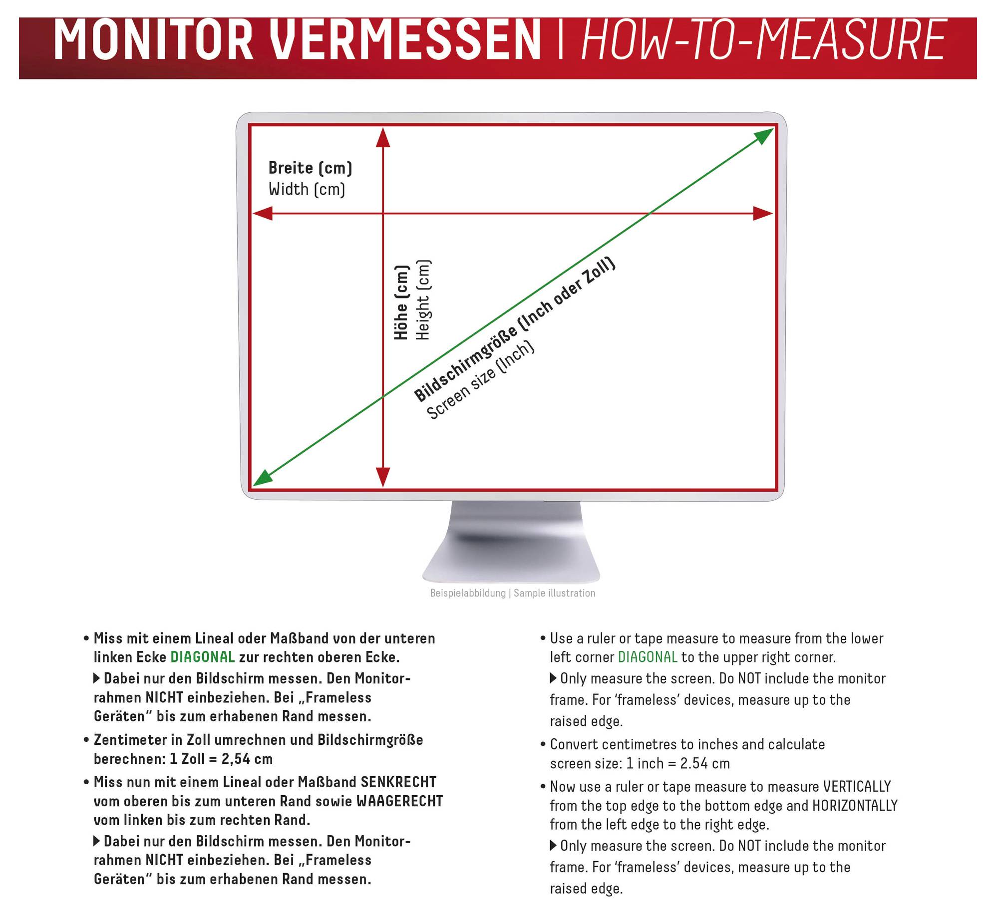 'Monitor Vermessen | Ako merať': Diagram ukazuje, ako merať monitor podľa šírky, výšky a uhlopriečky obrazovky, pričom sa vyhýba rámčeku.