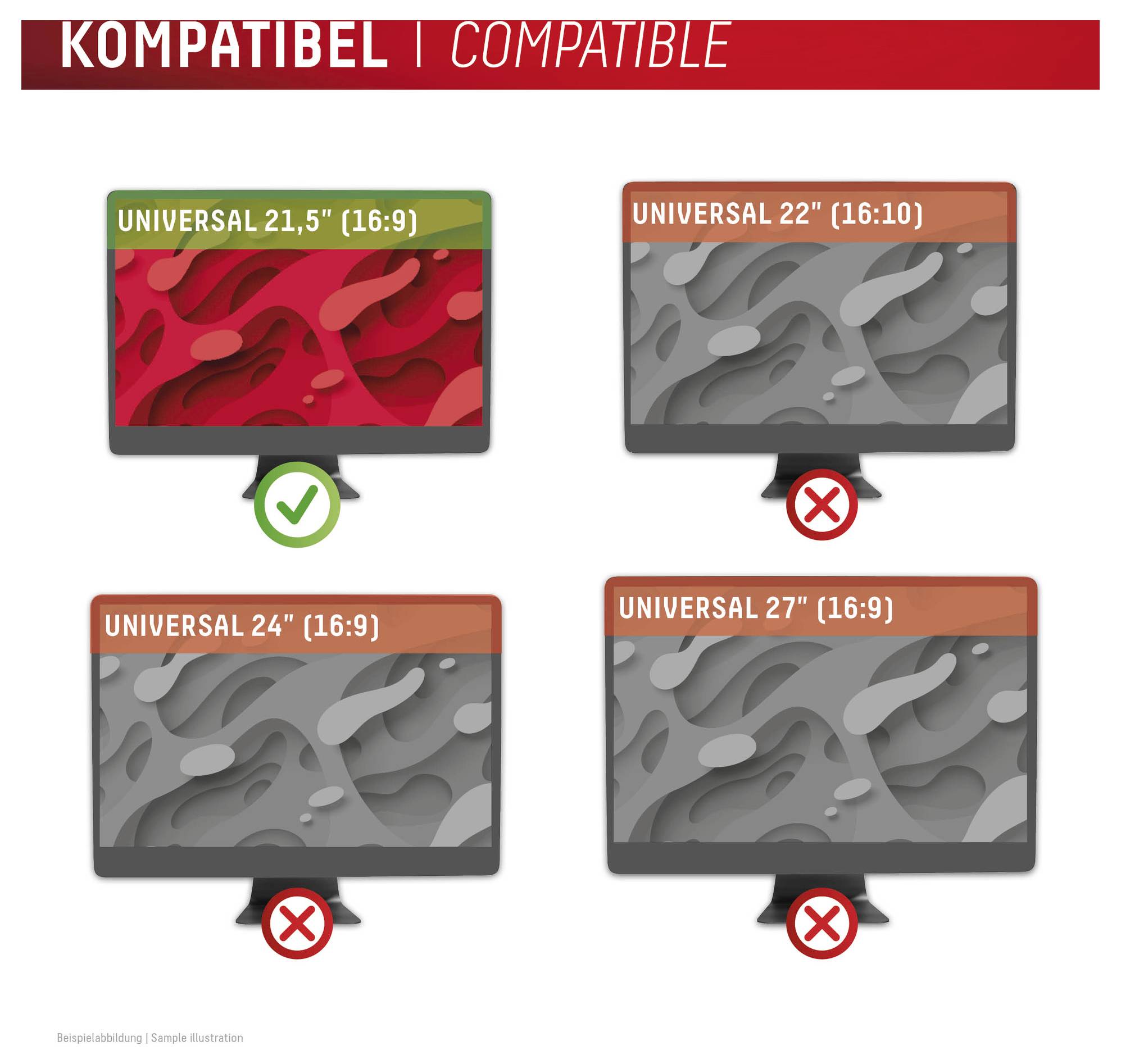 'KOMPATIBIL | KOMPATIBILNÝ' text v hornej časti obrázka. Štyri monitory zobrazujú kompatibilitu: 21,5" 16:9 je kompatibilný; 22" 16:10, 24" 16:9, 27" 16:9 nie sú kompatibilné.