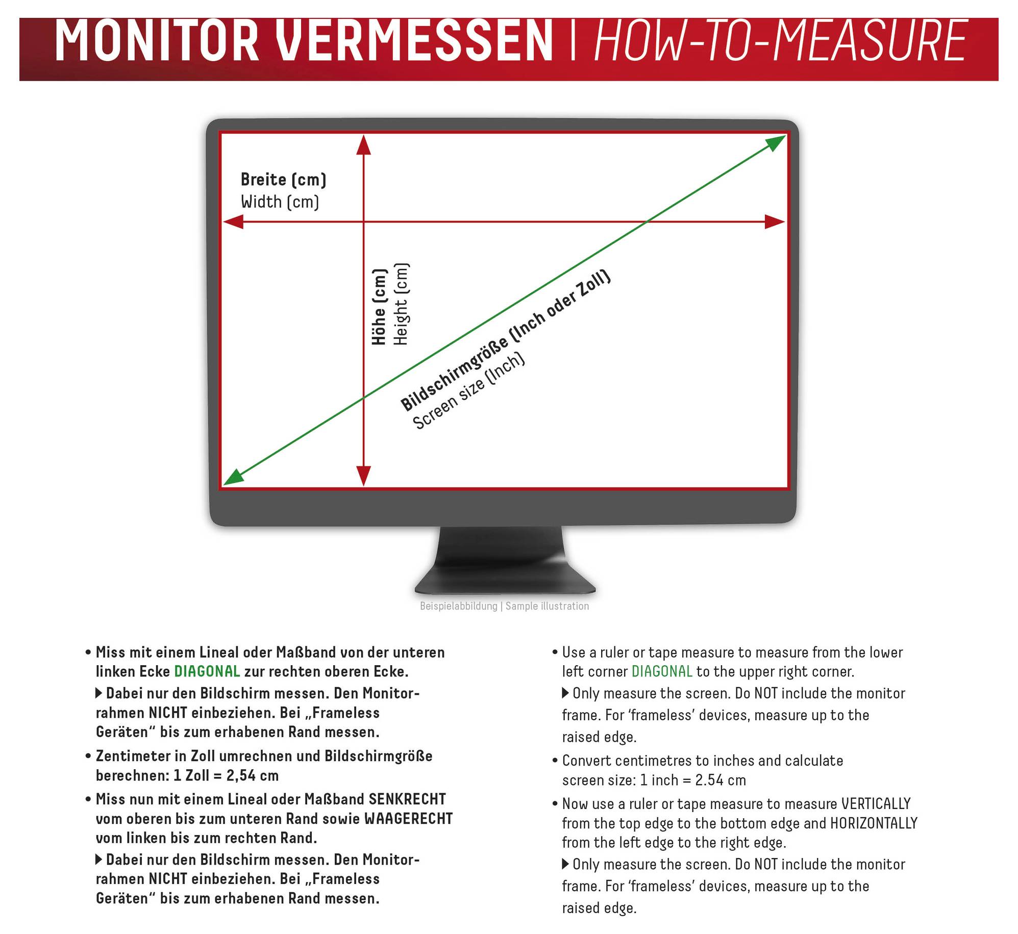 Diagram zobrazujúci, ako zmerať monitor: Šírka, uhlopriečka, výška v cm a palcoch. Obsahuje pokyny v nemčine a angličtine.