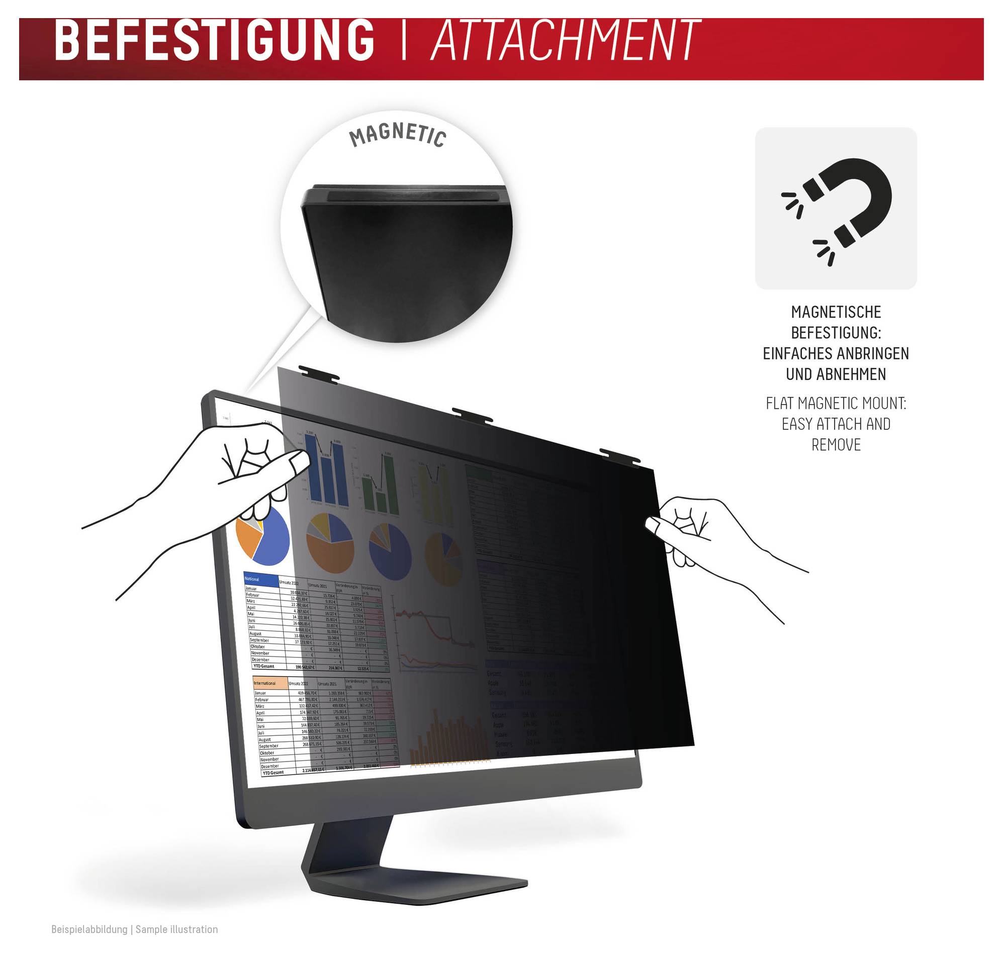 'Príslušenstvo': Plochá magnetická obrazovka na ochranu súkromia pre monitory, ktorá ukazuje ľahké pripevnenie a odstránenie. Ilustrácia s rukami umiestnením obrazovky na monitor.