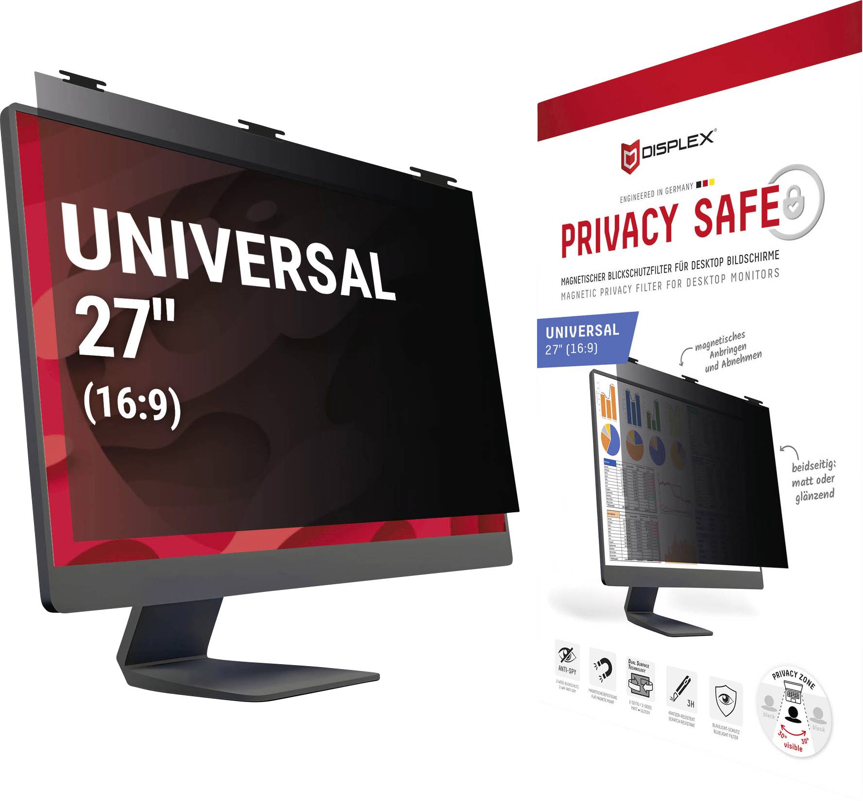 Balenie filtra „DISPLEX Privacy Safe" pre 27" (16:9) monitor, zobrazujúce stĺpcové grafy, ikony a text o ochrane súkromia obrazovky a znížení odrazu.