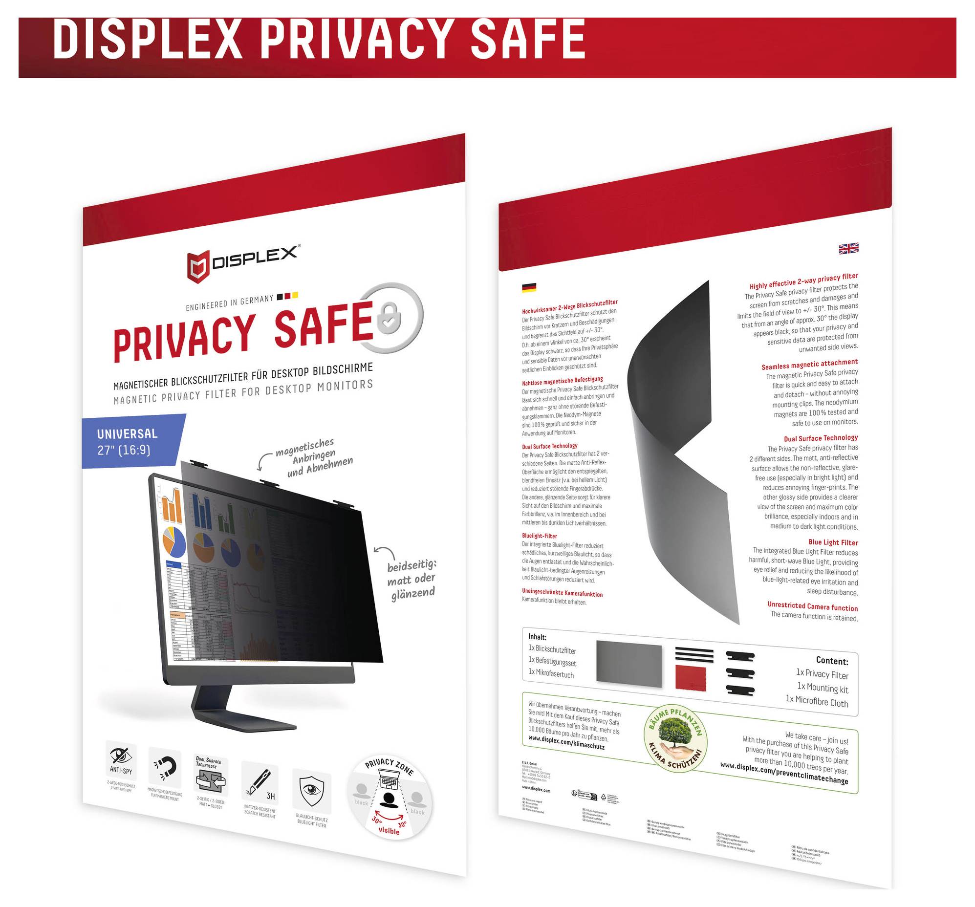 Predný a zadný pohľad na balenie produktu „Displex Privacy Safe", magnetický filter na ochranu súkromia pre 22" (16:9) stolné monitory.