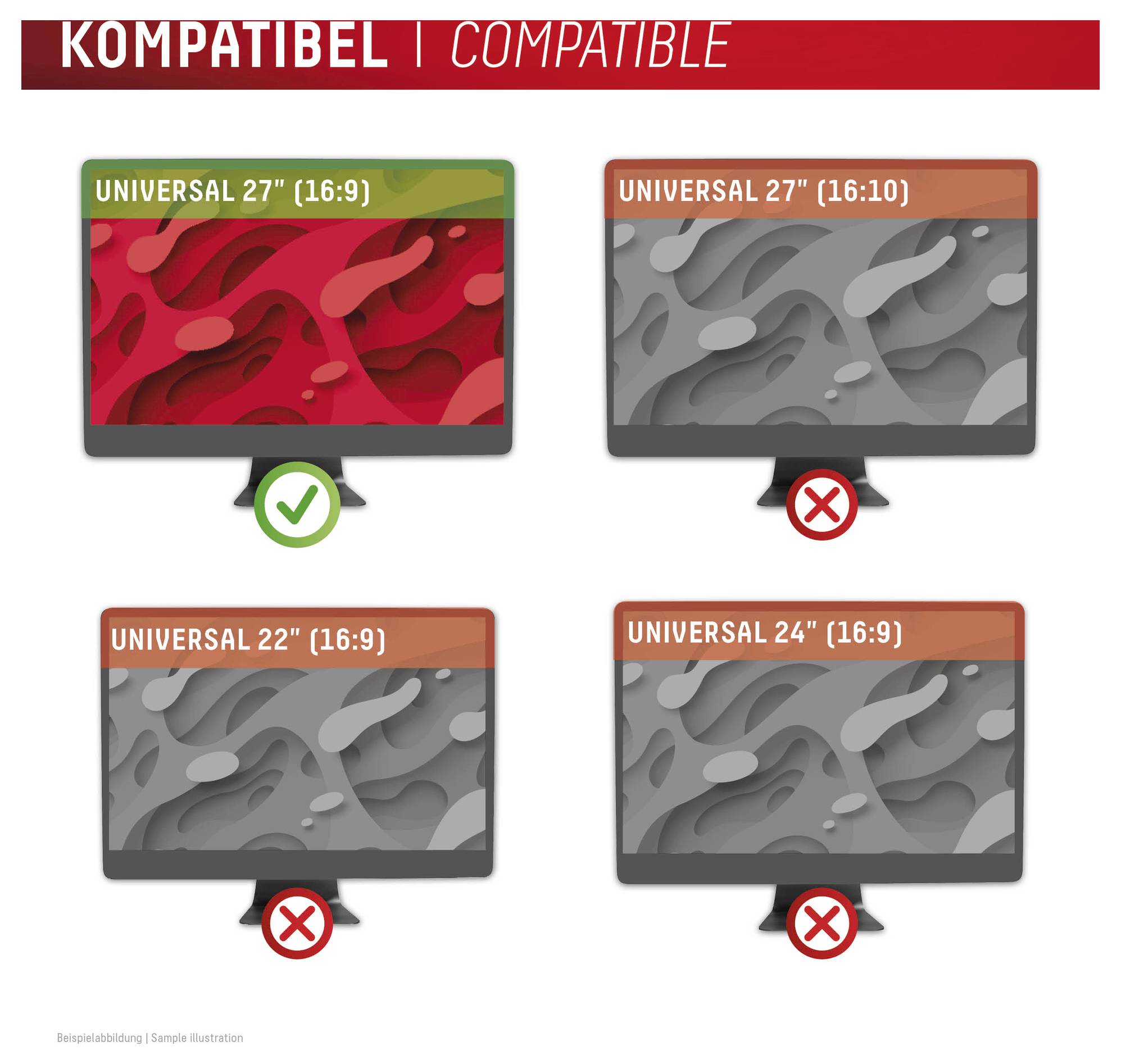"Kompatibilný | Compatible" obrázok zobrazujúci kompatibilitu monitorov. Iba "Universal 27" (16:9)" má zelené zaškrtnutie, ostatné majú červené krížiky.
