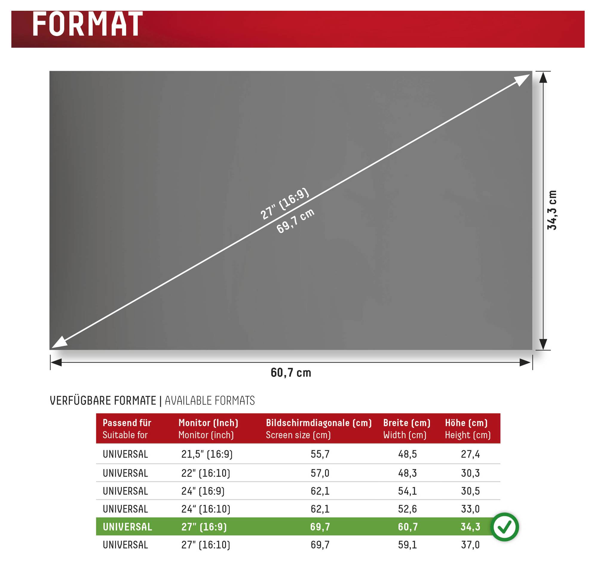 Tabuľka 'FORMAT' zobrazujúca dostupné rozmery monitorov. Zvýraznená 27" (16:9) obrazovka má šírku 60,7 cm a výšku 34,3 cm.