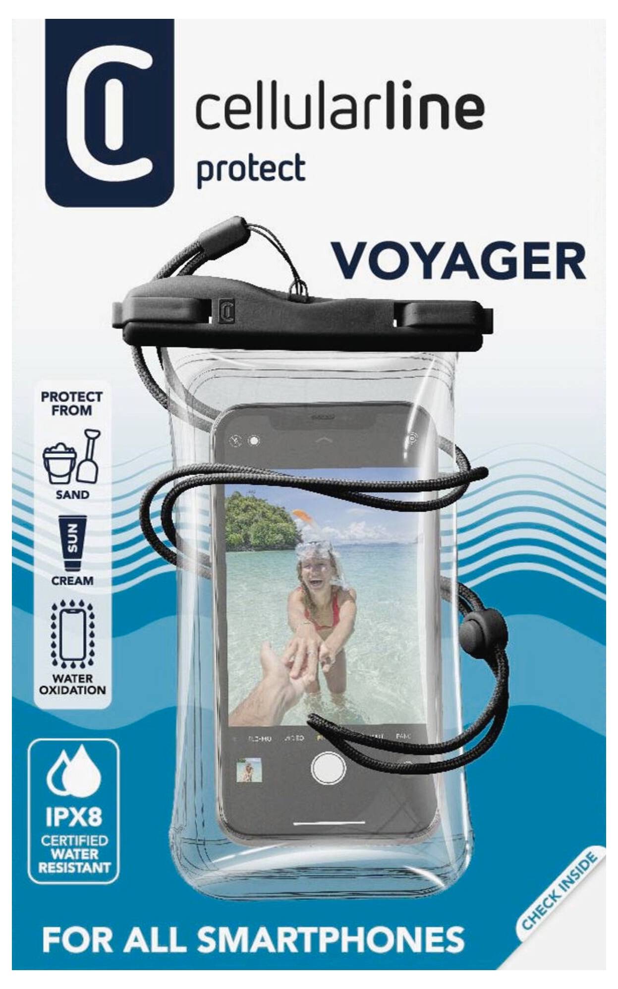 Balenie vodotesného puzdra na smartfón „Cellularline Voyager" s obrázkom telefónu v púzdre a vodnou scénou na obrazovke. Chráni pred vodou, pieskom a oxidáciou. Certifikované IPX8.