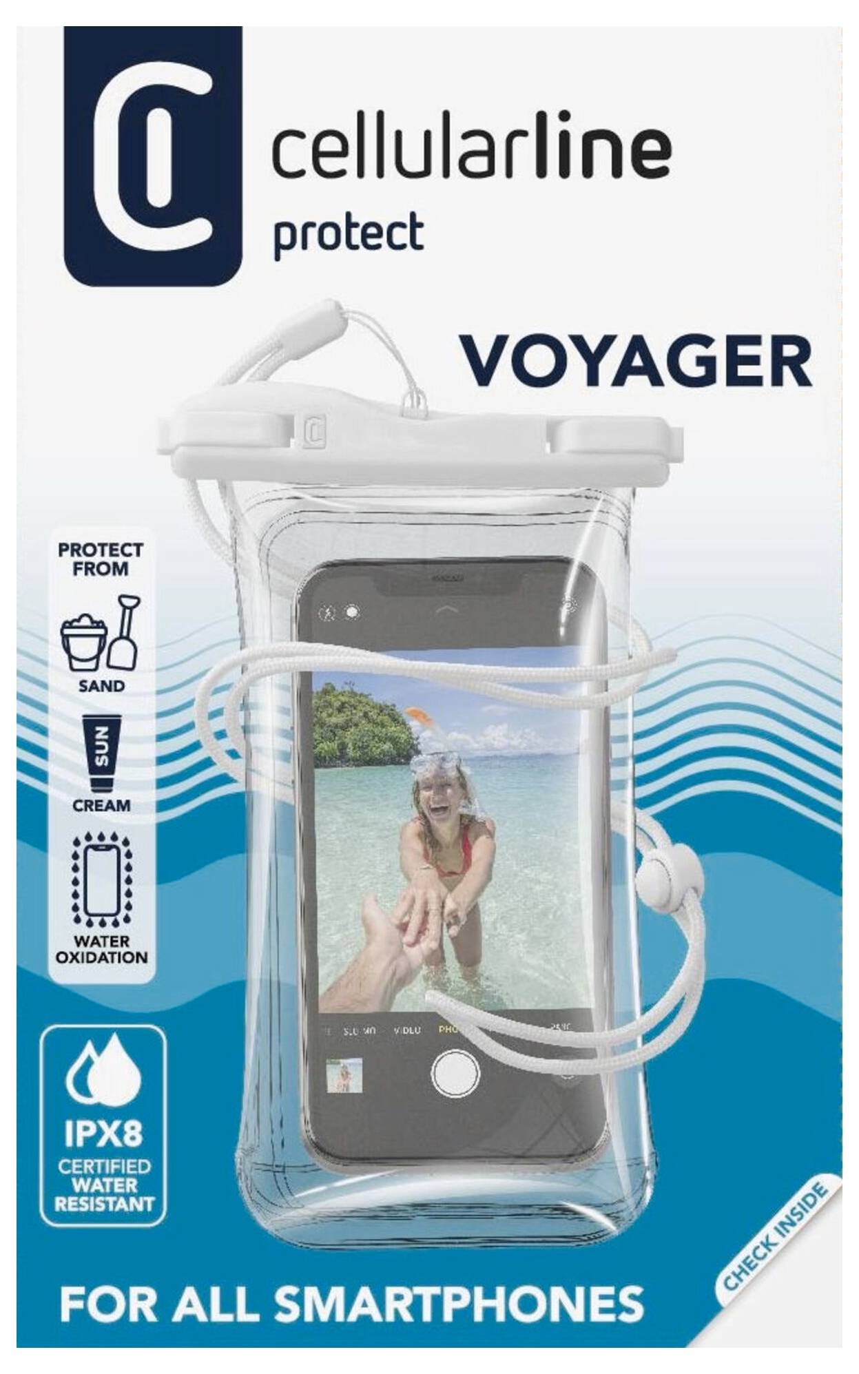 Balný obraz vodotesného puzdra na telefón 'Cellularline protect Voyager' s telefónom v putne, vhodný pre všetky smartfóny.
