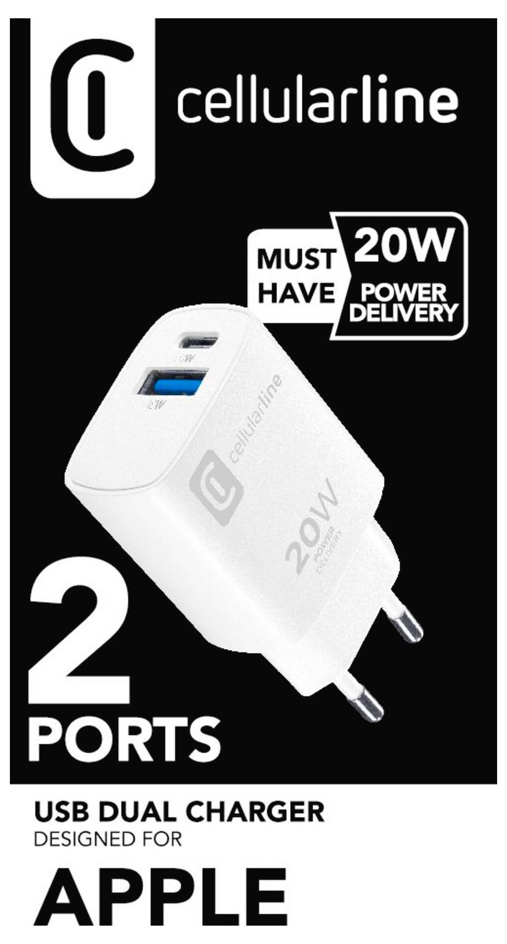 Biely USB dvojitý nabíjací adaptér s dvoma portmi a dodávkou výkonu 20W určený pre produkty Apple, označený značkou "cellularline".