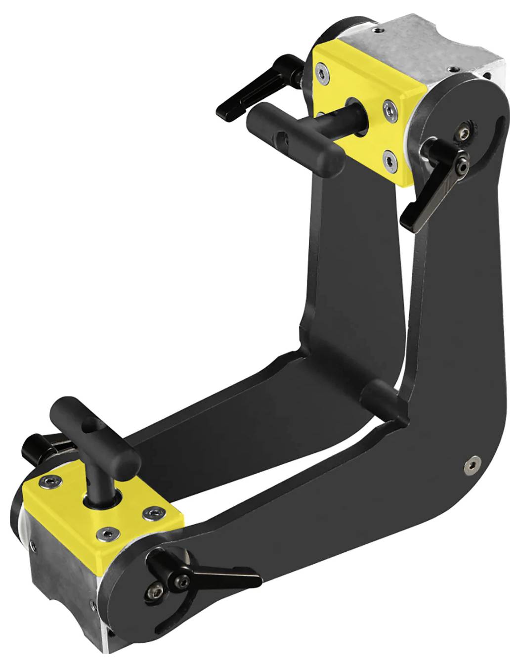Mechanická svorka so čiernymi a žltými komponentmi, s nastaviteľnými rukoväťami a pevným kovovým rámom.