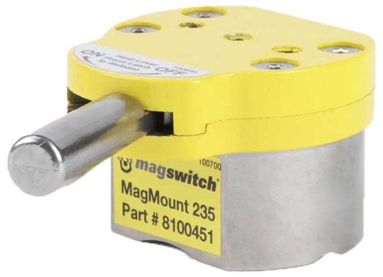 Žltý Magswitch MagMount 235 s pákou na boku a štítkom s nápisom "Katalógové číslo # 8100451".