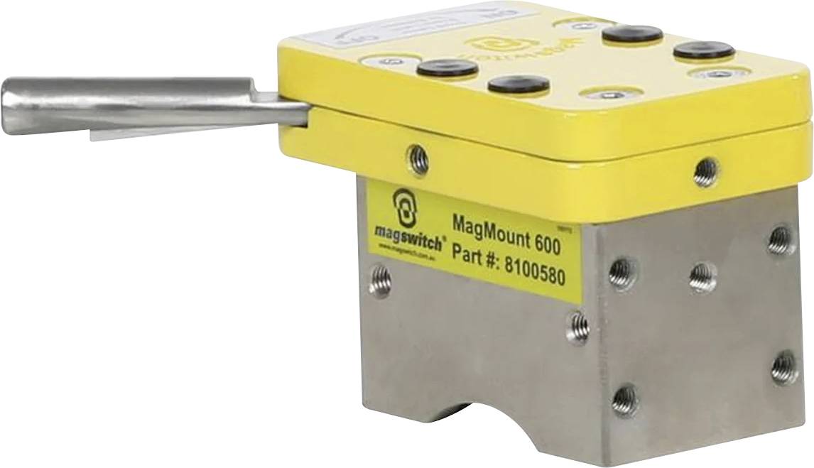 Priemyselný magnet 'MagMount 600' so žltým krytom a kovovým pákovým ovládačom, určený na ťažké zdvíhacie práce; Číslo dielu: 8100580.
