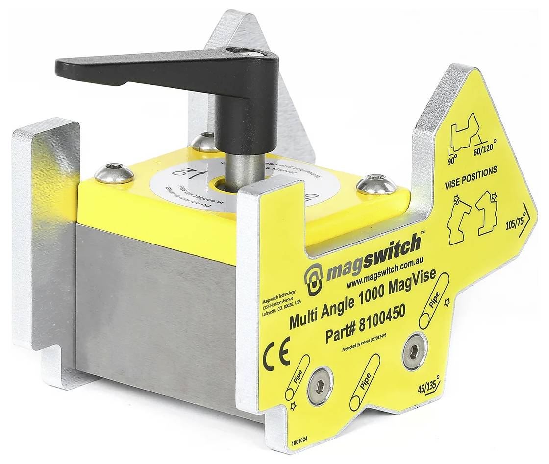 Magnetický zverák Magswitch Multi Angle 1000 s nastaviteľnými uhlami, používaný na zarovnávanie a upínanie kovových dielov pri zváraní a fabrickom spracovaní.