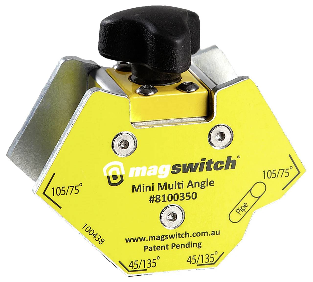 Žltý Magswitch Mini Multi Angle nástroj (#8100350) s vyznačenými uhlami. Používa sa pri kovoobrábačstve, umožňuje presné polohové nastavenie.