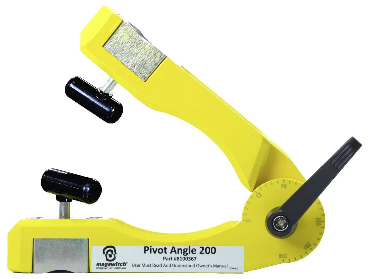 Žltý uhlomer s názvom "Pivot Angle 200" s nastaviteľnými ramenami a čiernou rukoväťou určený na nastavovanie uhlov pri kovoobrábaní.