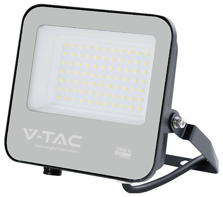 Obdĺžnikový LED reflektor s čiernym rámom, ktorý má sklenenú plochu zobrazujúcu viaceré malé LED žiarovky. Text v spodnej časti znie „V-TAC".