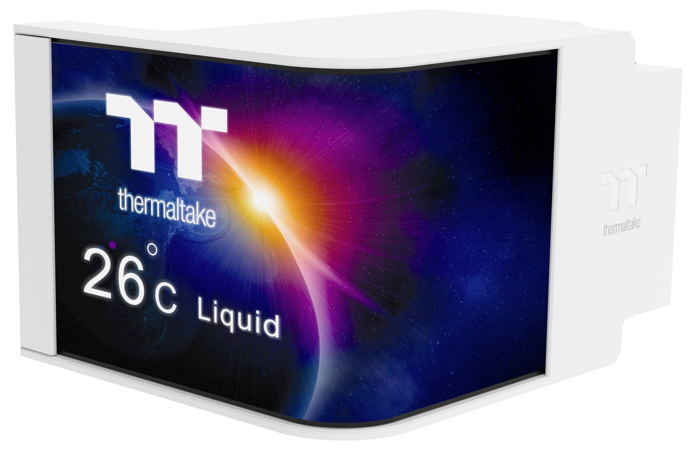 Thermaltake LCD panel zobrazuje teplotu kvapaliny '26°C' na farebnom kozmickom pozadí, pričom zobrazuje firemné logo a informácie o teplote.