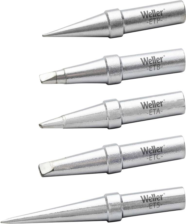 Päť strieborných pájavových hrotov označených 'Weller' s rôznymi tvarmi pre rôzne spájkovacie úlohy.