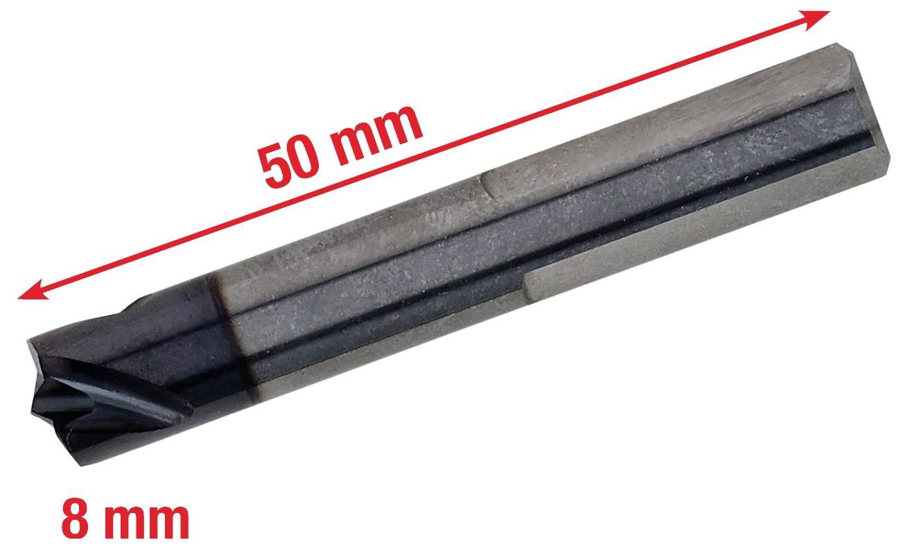 Kovový nástroj so zaostrením na konci, označený dĺžkou 50 mm a priemerom 8 mm, pravdepodobne určený na vŕtacie alebo rezacie práce.