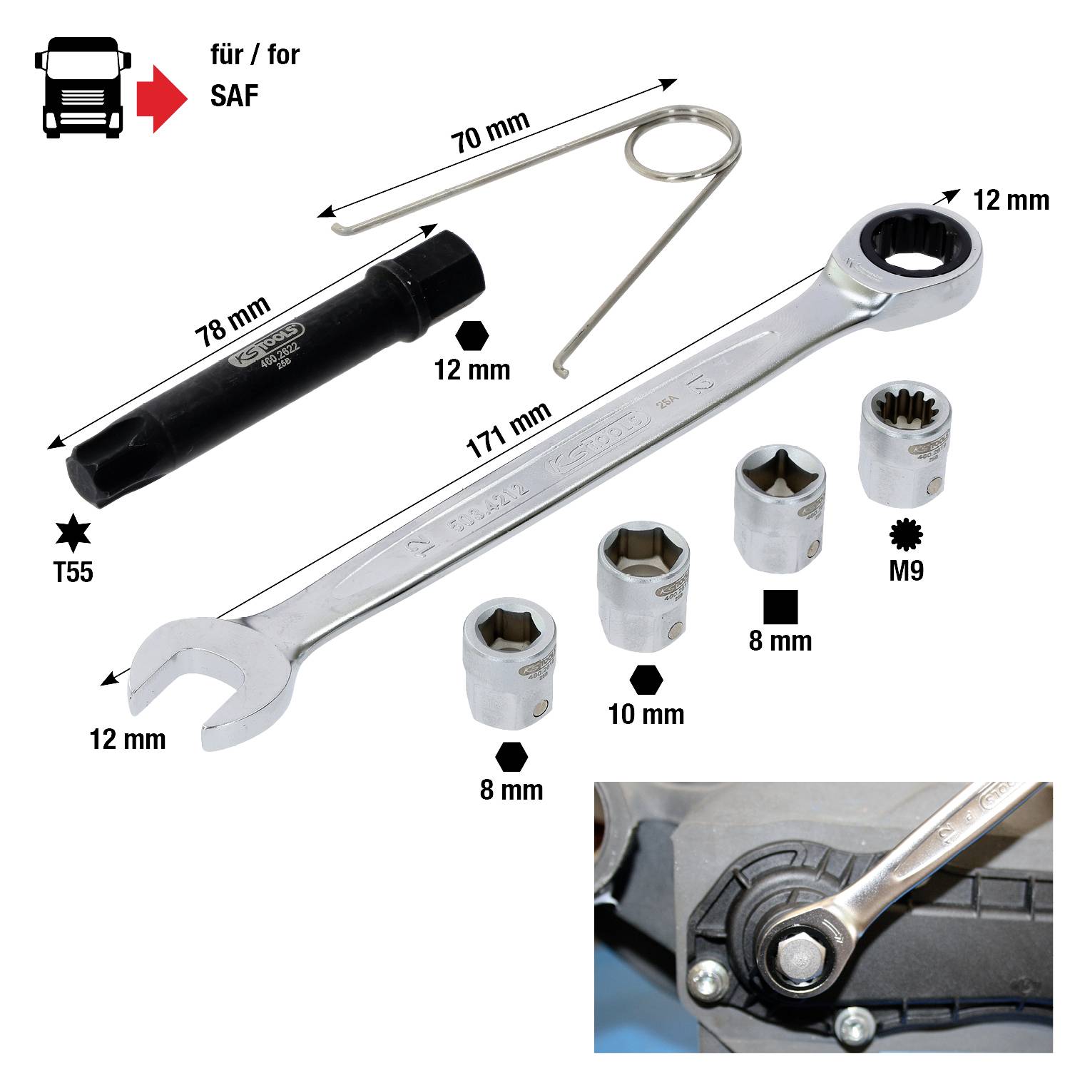 Sada kľúčov pre údržbu nákladného automobilu SAF, pozostávajúca z dvojitého kľúča s dĺžkou 171 mm, nástavcov (8, 10 mm, M9, T55) a nástroja s dĺžkou 78 mm.