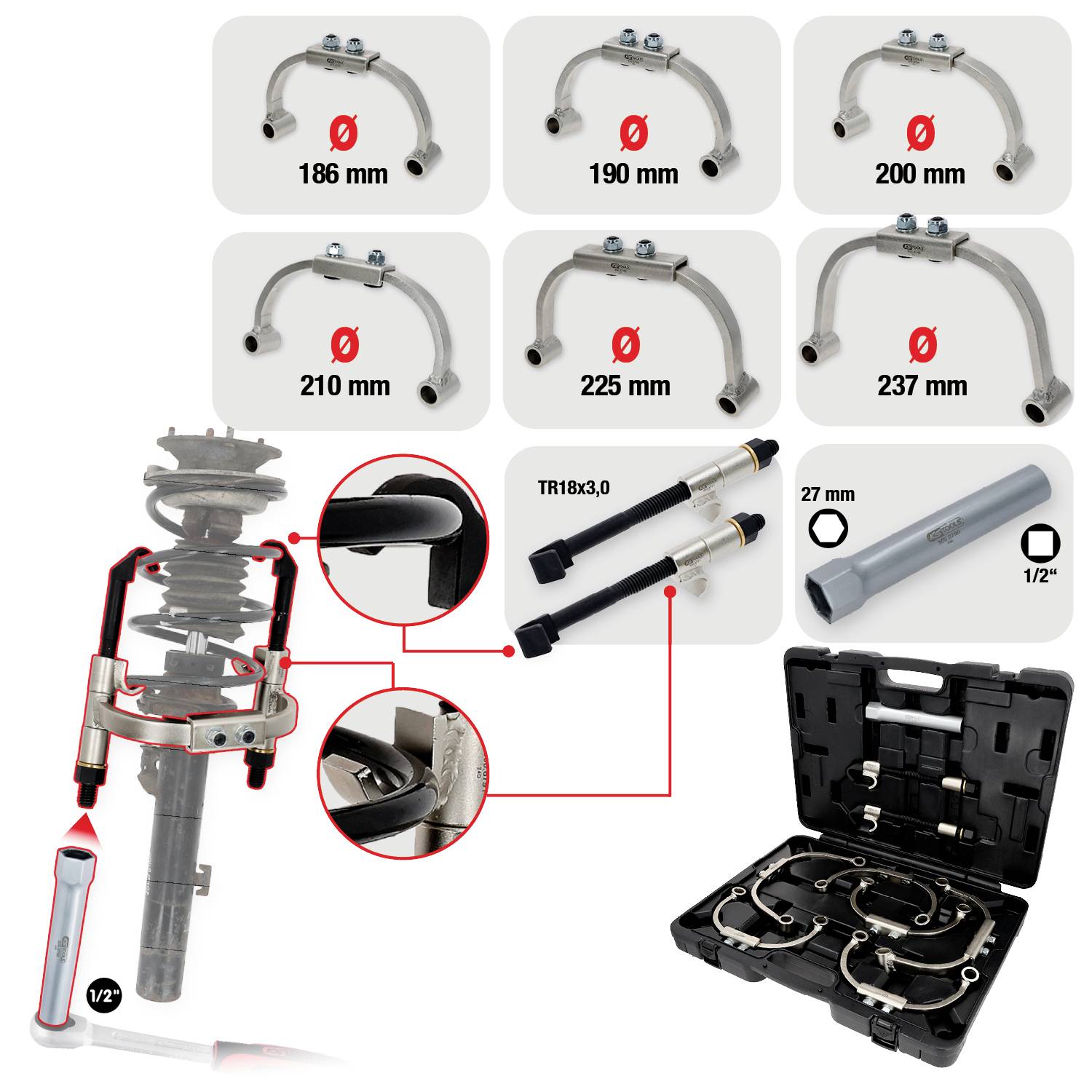 Súprava náradia na zavesenie s rôznymi veľkosťami svoriek, označenými v milimetroch, a komponentmi. Súčasťou je prepravný kufor a príslušenstvo pre údržbu vozidla.