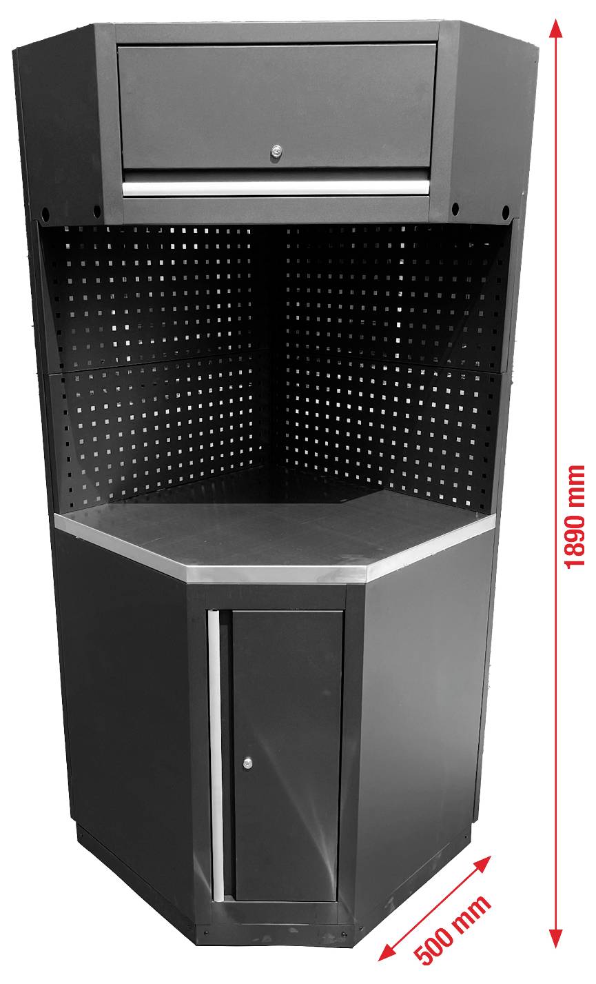 Vysoký čierny rohový pracovný stôl so zadnou doskou s otvormi na zavesenie náradia, hornou zásuvkou a spodnou skrinkou. Rozmery: výška 1890 mm, šírka 500 mm.