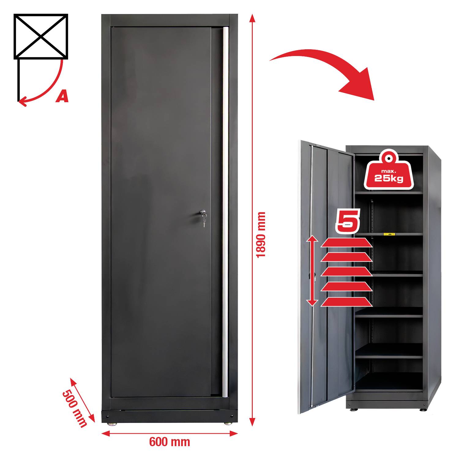 Vysoká kovová skriňa s jedným dverami a piatimi vnútornými policami, pričom každá udrží až 25 kg. Rozmery: 1890 mm vysoká, 600 mm široká, 500 mm hlboká.