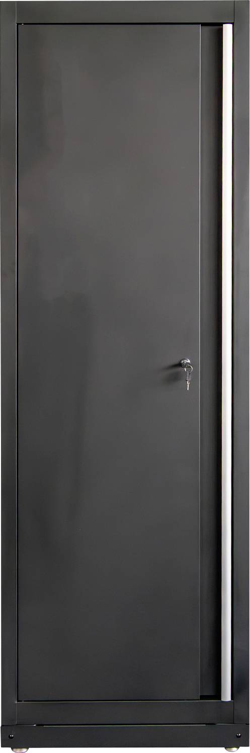 Vysoká, uzavretá oceľová skriňa s elegantným tmavým povrchom a kľučkou so vsadeným kľúčom, pravdepodobne určená na bezpečné uchovávanie vecí.