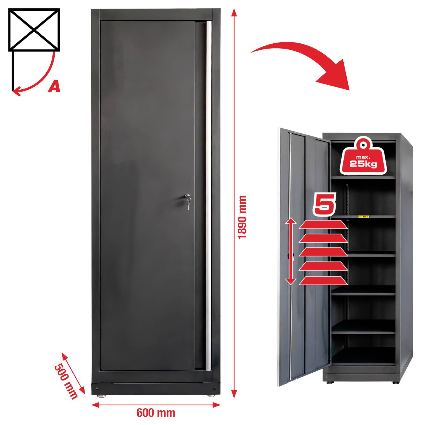 Vysoká sivá kovová skriňa s rozmermi 600 mm x 1800 mm x 500 mm. Maximálne zaťaženie police je 25 kg; vnútri sú znázornené štyri police.