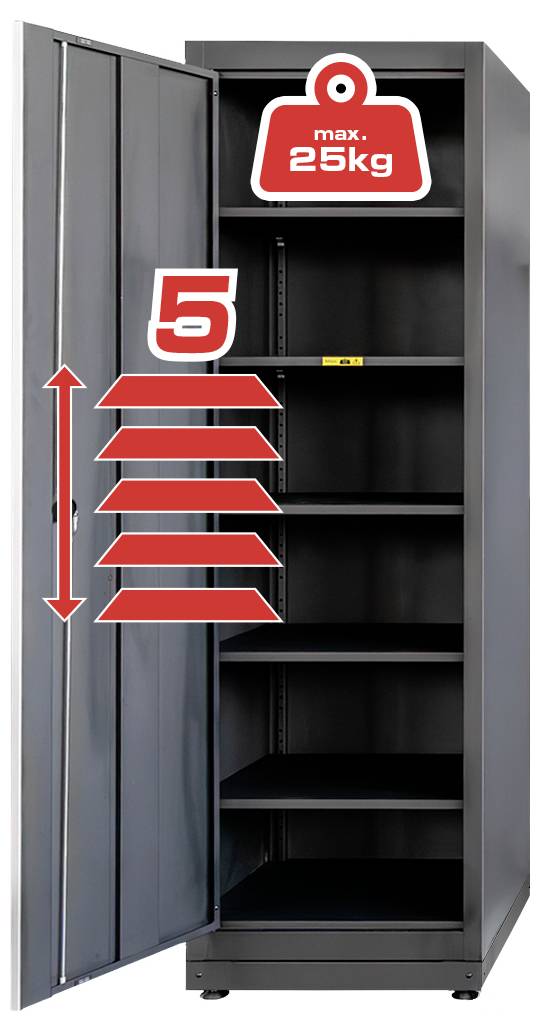 Otvorená kovová úložná skriňa s piatimi políčkami. Na štítku je uvedená maximálna hmotnosť 25 kg. Dvere skrine sú mierne pootvorené, police sú prázdne.
