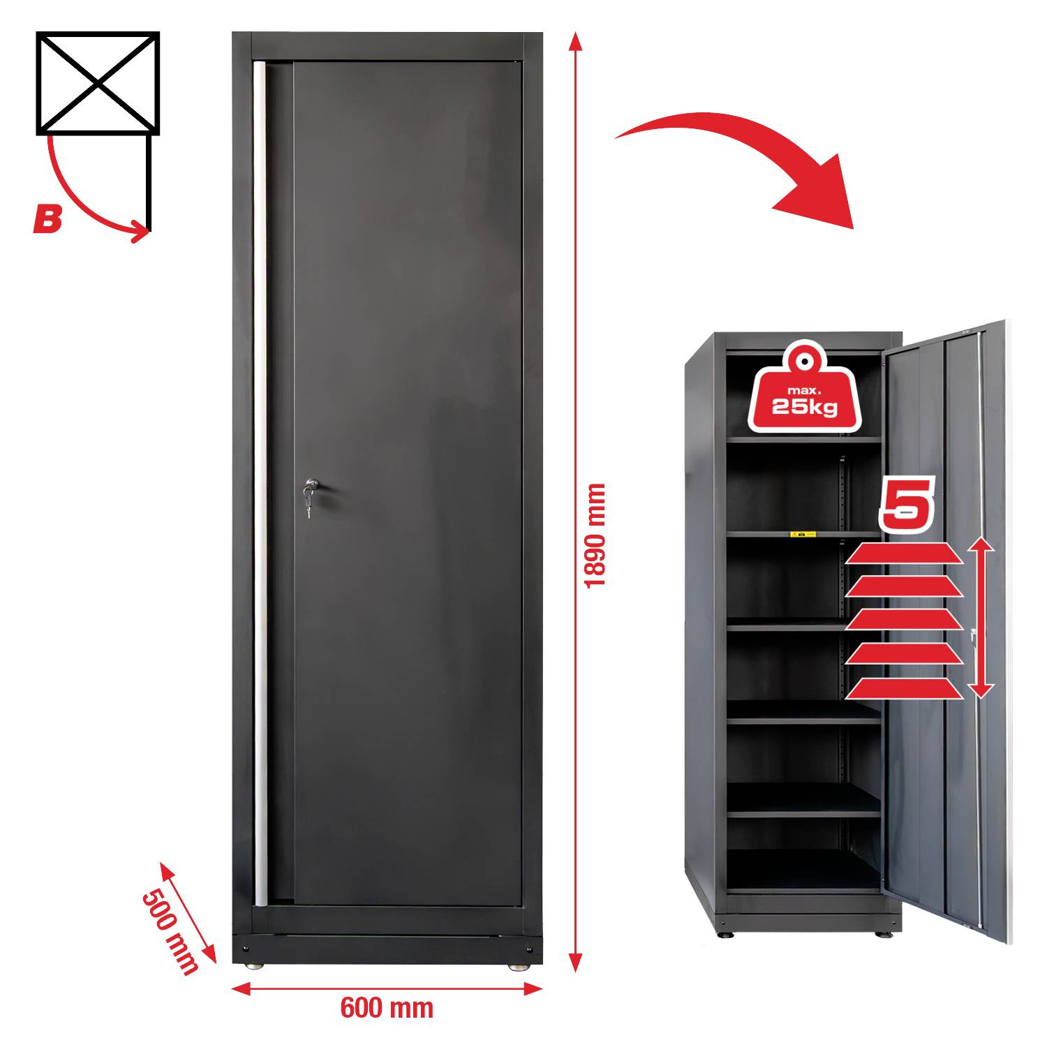 Vysoká, tmavá kovová úložná skriňa s uzatvorenou dverou vľavo a otvorenou dverou vpravo, ktorá odhaľuje päť políc označených „max 25 kg". Rozmery: 1890 mm výška, 600 mm šírka, 500 mm hĺbka.